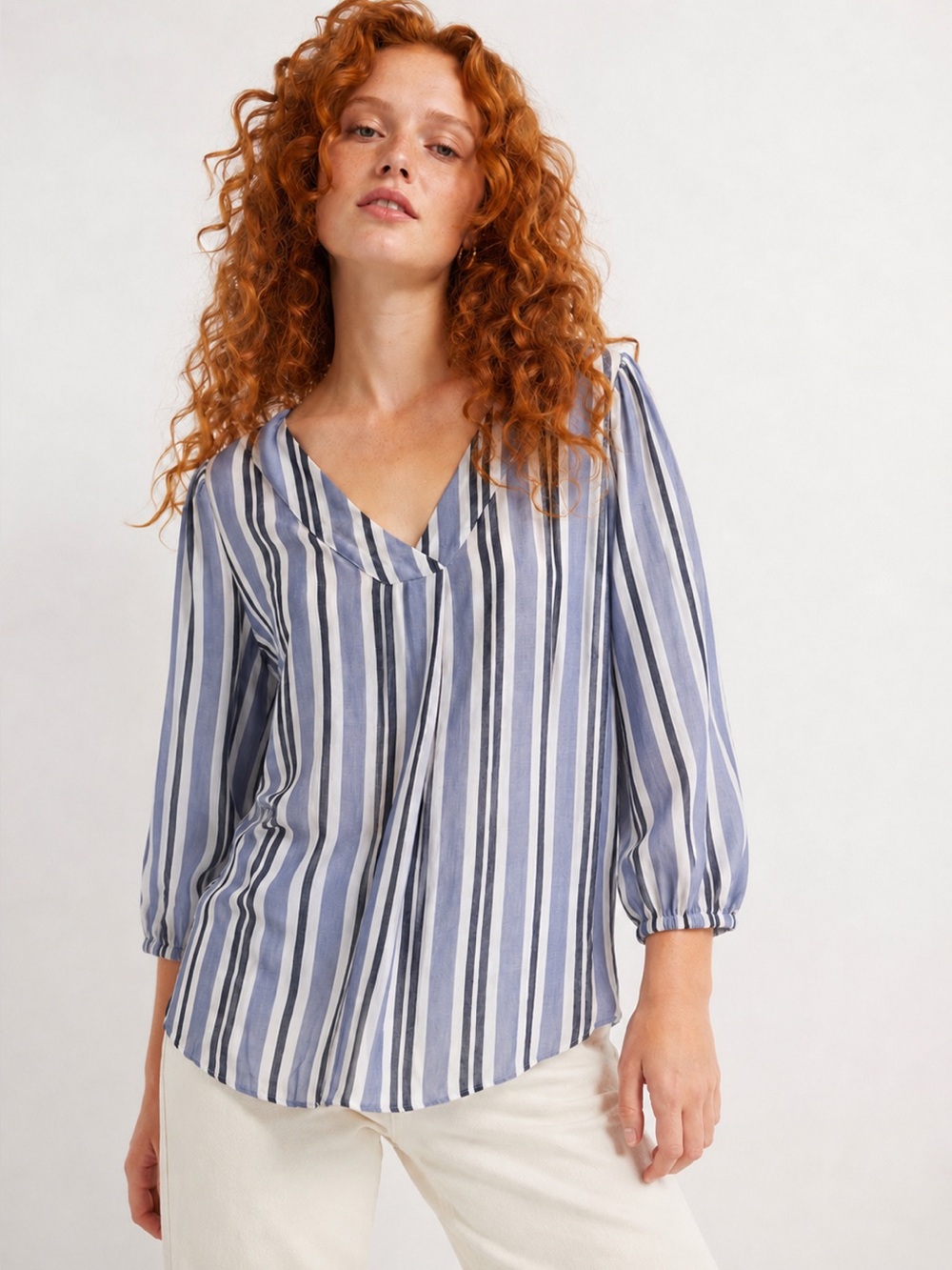 a.n.a A New Approach V-Neck Striped Blouse Blue White Grey Bishop Sleeve Size S